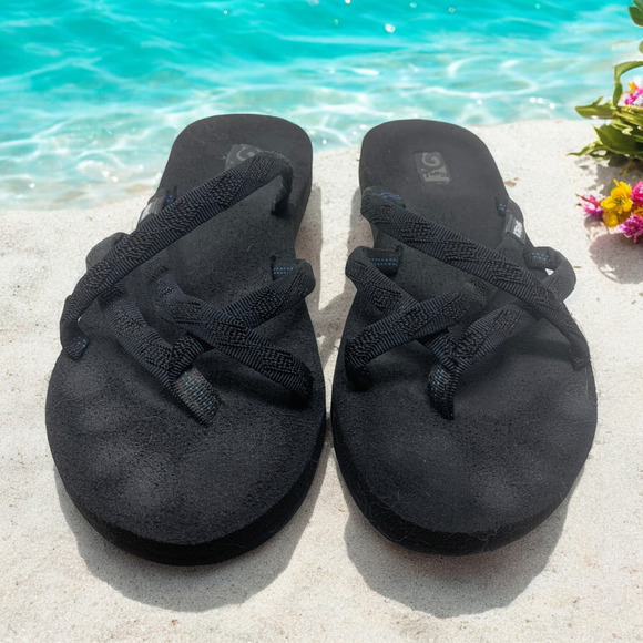 Teva Olowahu Sandals Black Strappy Women's Sz 9 Mush Comfort Insoles Beach Pool - Picture 2 of 6